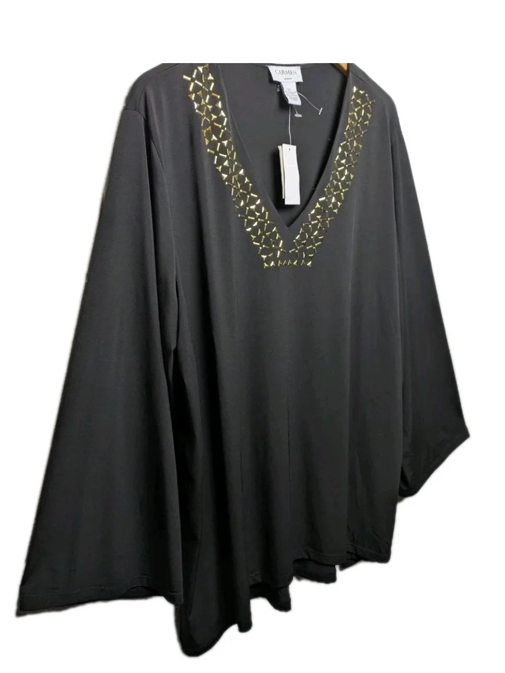 Carmen Marc Valvo Black V-Neck Tunic with Gold Stud Trim - Picture 6 of 7